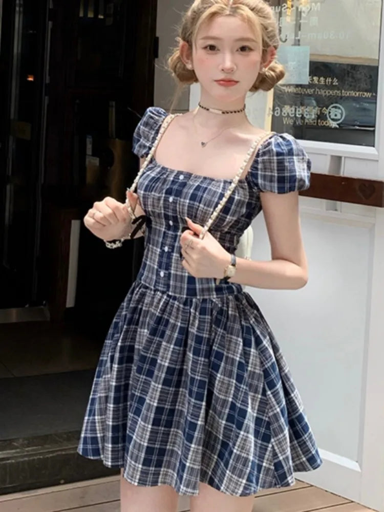 vmtvr  -  Y2K Plaid Short Dresses for Women Princess Birthday Party Dress Puff Sleeve Square Collar Bow Prom Summer Mini Vestidos Mujer