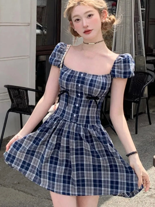 vmtvr  -  Y2K Plaid Short Dresses for Women Princess Birthday Party Dress Puff Sleeve Square Collar Bow Prom Summer Mini Vestidos Mujer