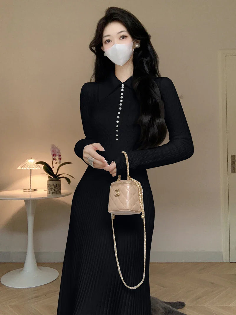 vmtvr  -  Elegant White Knitted Dresses for Women Autumn Winter Korean Fashion Slim A-line Long Sleeves Sweater Casual Female Clothes