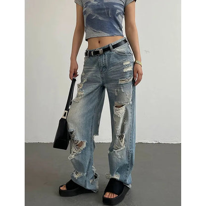 vmtvr Blue Low Waist Women's Jeans Vintage American Fashion Wide Leg Jean Worn-out Y2K Female Denim Trouser Baggy Summer Denim Pants