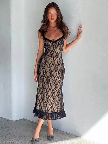 vmtvr   -  Lace Mesh Bodycon Midi Party Dress Women Apricot Ruffles Elegant Black Sexy Club Shealth Dress Robe Tank Dress