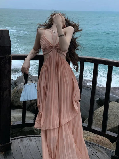 vmtvr Summer New Fashion Women Sexy Pleated  Boho Long Dress Vacation Beach Strap A line Ladies Robe Sundress