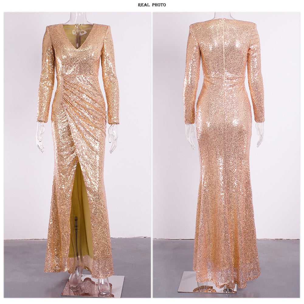 vmtvr - Formal Dinner V Neck Long Sleeve Gold Stretch Sequin Evening Party Dress Split Full Lining Pad Shoulder Prom Gown Winter Women