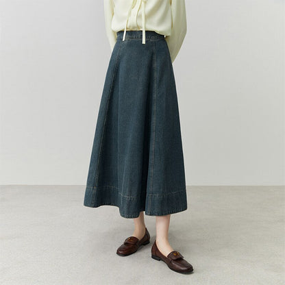 Dark Blue Women Retro Denim Sets Square Neck Puff Sleeve Female Blouses A-LINE Long Skirts Zipper Waist Women Denim Skirt