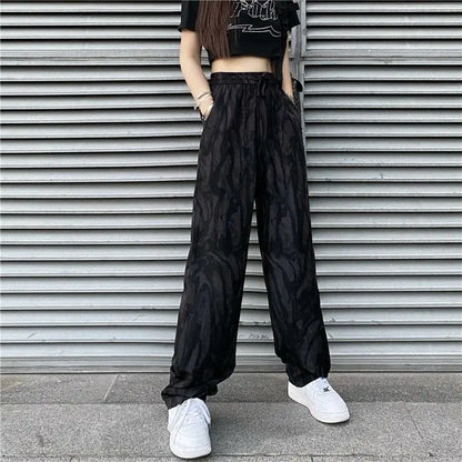 vmtvr Summer Thin Women Tie Dyed Sports Pants Harajuku Korean Fashion High Waist Hip Hop Vintage Pockets Black Loose Casual Trousers