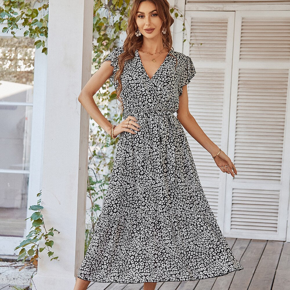 Sexy V-neck Print Lace-up Dress Casual Long Beach Dresses for Women Pink Boho Resort Ladies Maxi Dress