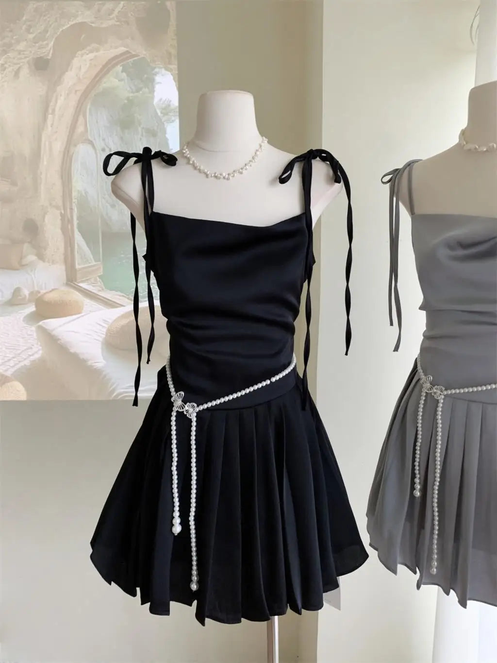 vmtvr Y2K Satin Short Dress with Belt Chain Women New Summer Solid Spaghetti Strap Slim A-line Pleated Korean Chic Sexy Party Dresses