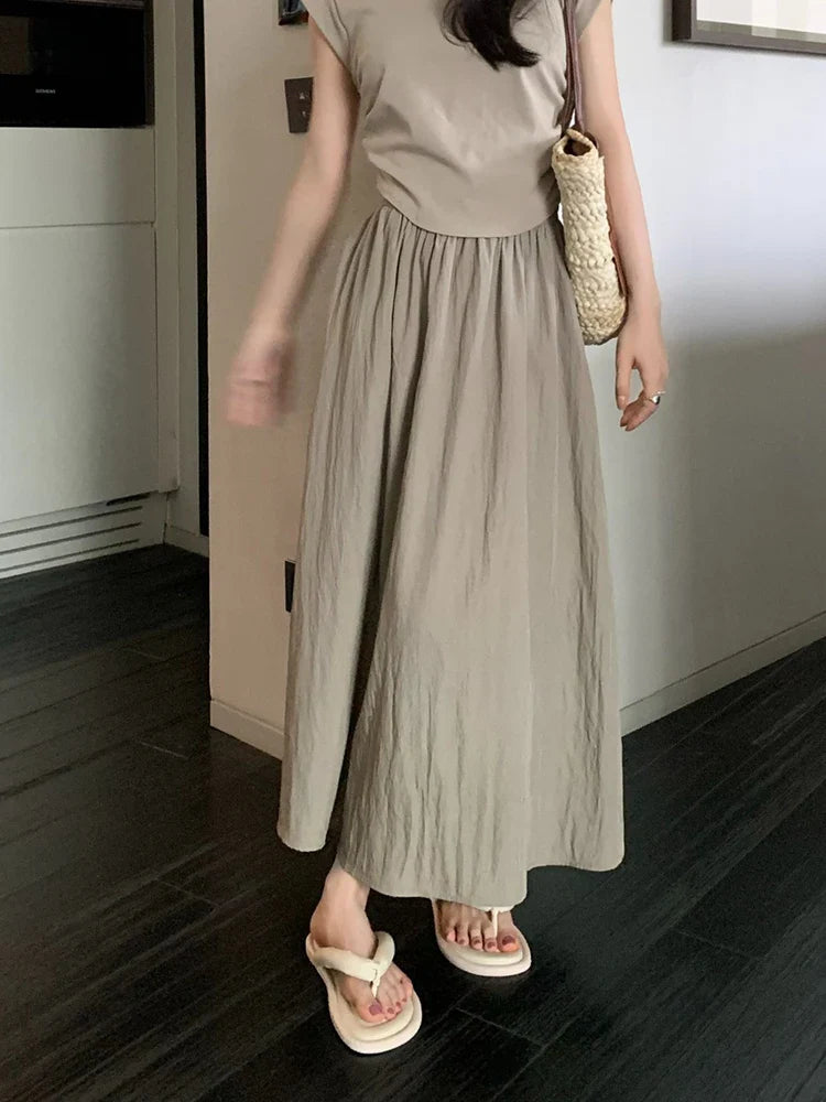 vmtvr Korean Fashion Women Wrinkle Skirt Harajuku High Waist A Line Mid Calf Skirt Summer Preppy Style Elegant Pockets Skirt New