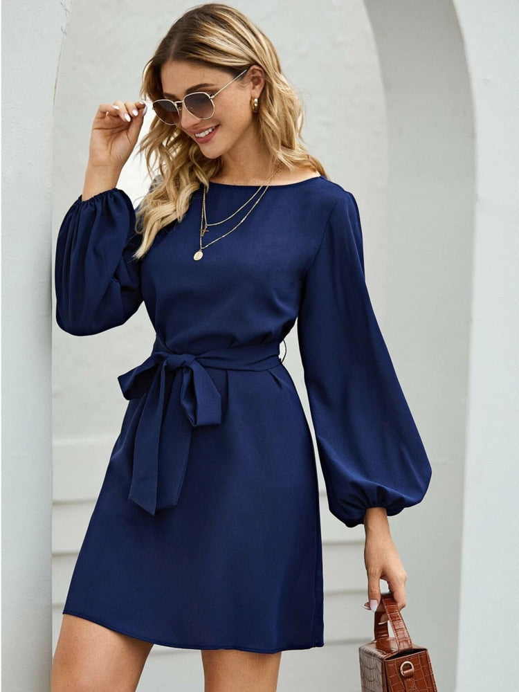 Women Midi Dress Fashion Comfortable Atmosphere Drawstring Lantern Sleeve Mini A-line Skirt Dress Summer New