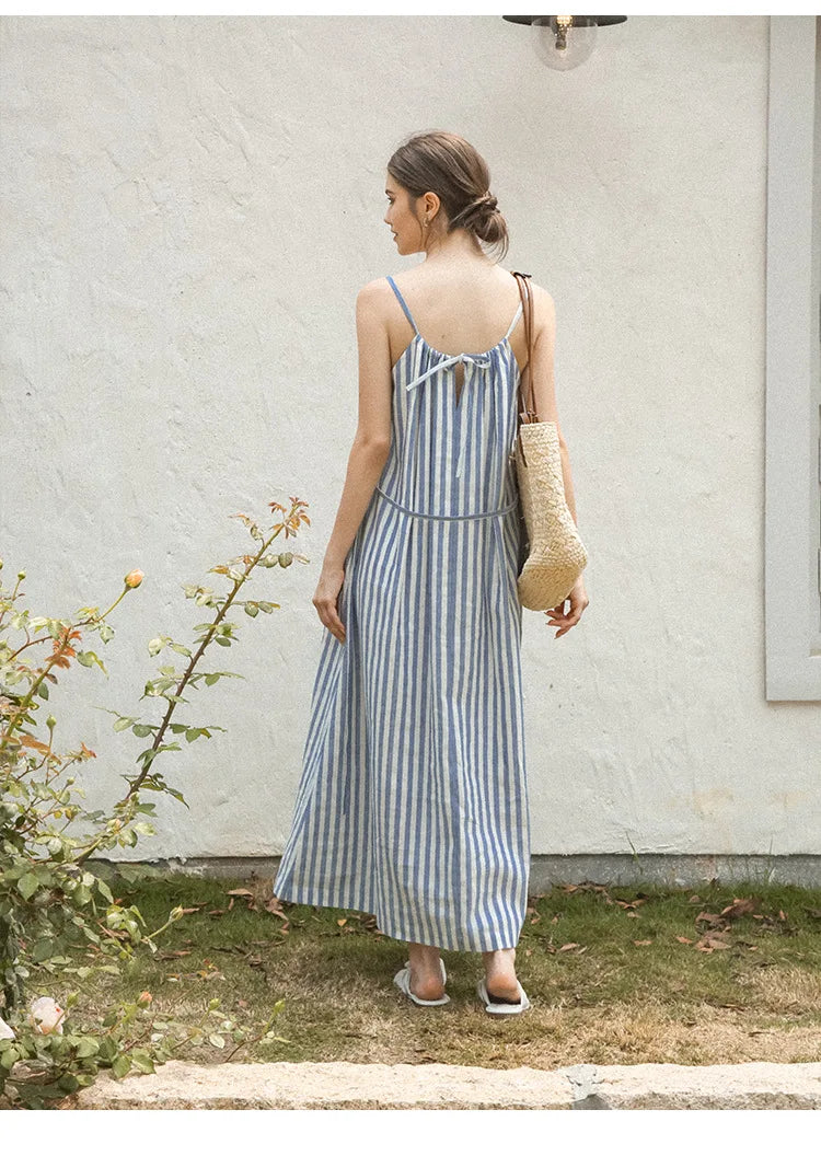 vmtvr  -  Striped Halterneck Cotton Linen Dresses Summer New Casual Beach Vacation Sleeveless Loose Women Long Dresses Maxi Boho Sundress