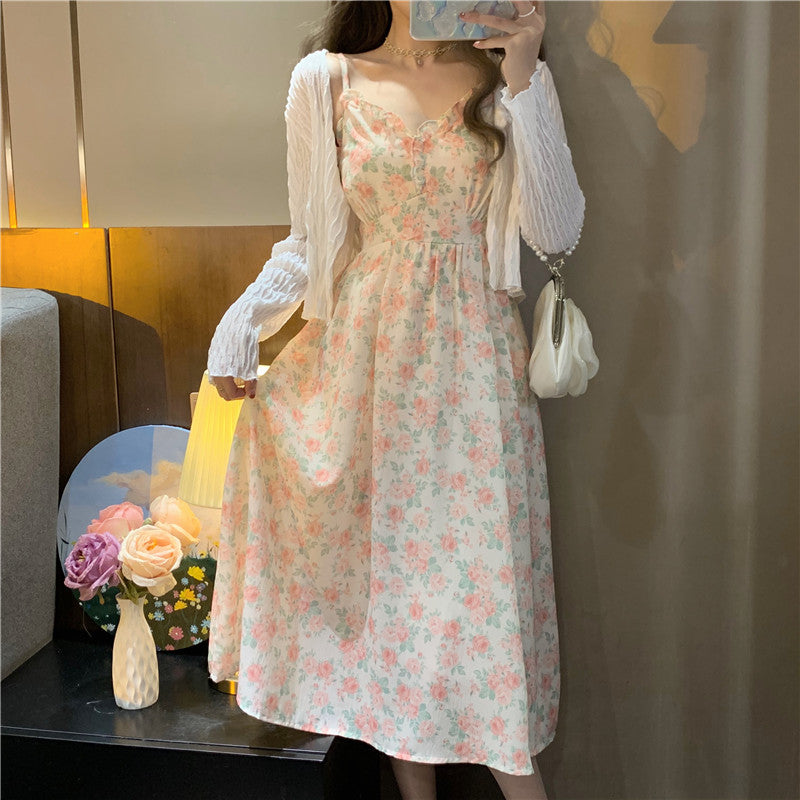 - French Floral Strap Midi Dress Women Vintage Elegant 2 Piece Dress Set Fashion Suits Casual Blouse Korean Clothing  Summer