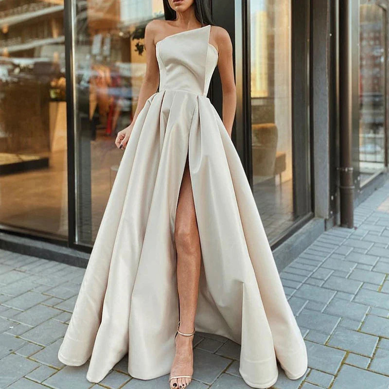 vmtvr  -  Elegant Strapless High Slit Party Dress Women Sexy Off Shoulder Slim Long Dress Summer Fashion Backless Solid Big Hem Dress