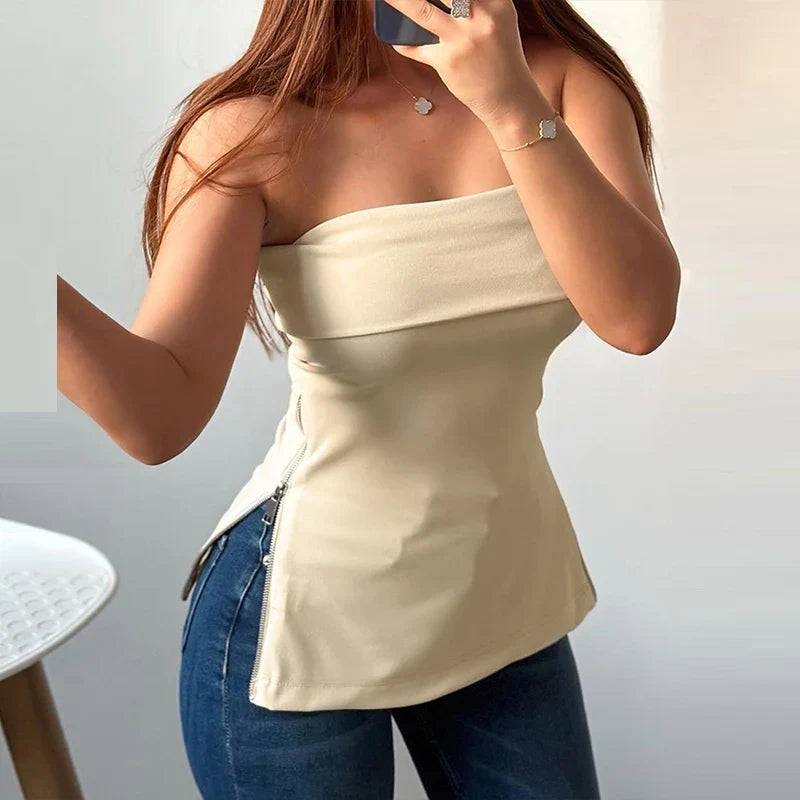 vmtvr Chic Sexy Both Side Zipper T-shirt for Women 2024 Spring Strapless Draped Tops Pullover Summer Off Shoulder Backless Hollow Tees