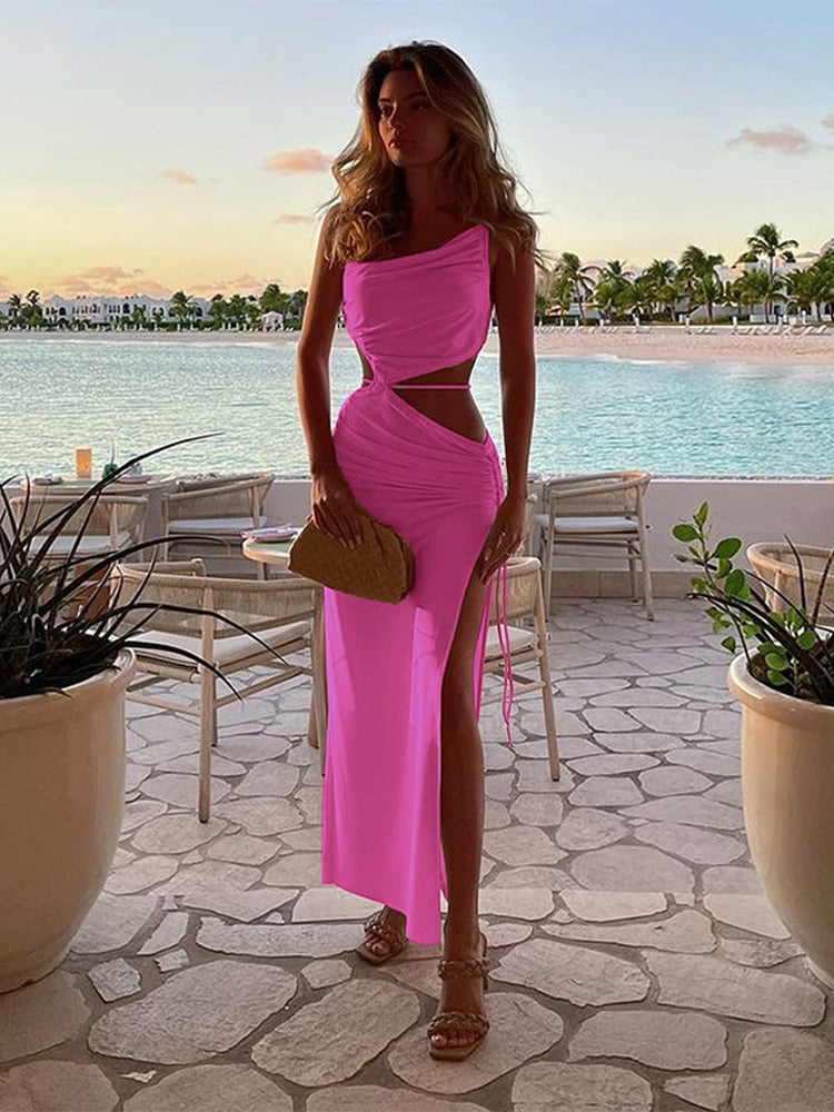 vmtvr - Graduation Gift Back to School Season 2024 One Shoulder Beach Maxi Dress Women Summer Brown Backless Sleeveless Split Elegant Dresses Party