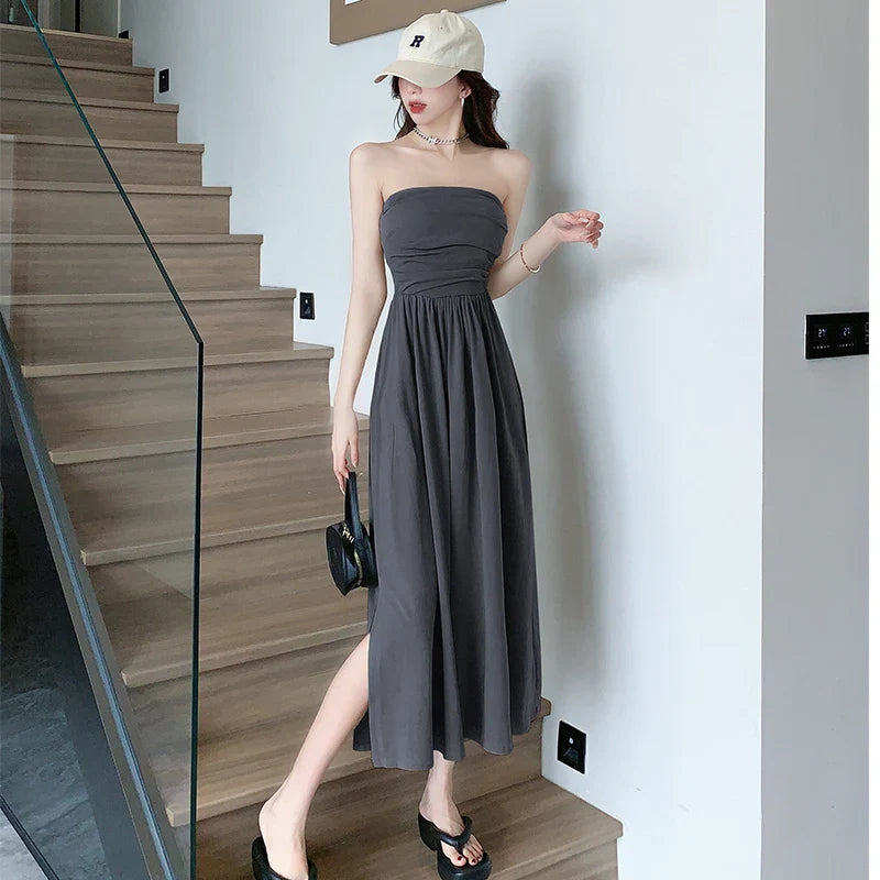 vmtvr  -  Midi Dresses for Women Summer New Modal Casual Female Clothes Sexy Sleeveless Sundress Pleated Korean Fashion Black Dress