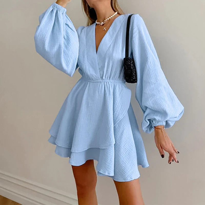 vmtvr Elegant V-neck Hight Waist A-Line Dress Spring Women Casual Lantern Long Sleeve Solid Mini Dress Fall Fashion Draped Party Dress