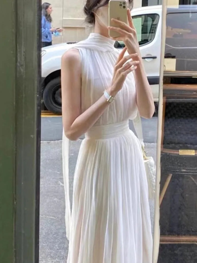 vmtvr Summer Elegant Women's Two-piece Suit Top and SKirt  A-line Solid Sleeveless Backless Femal Clothes 2-Piece White Fashion Korea