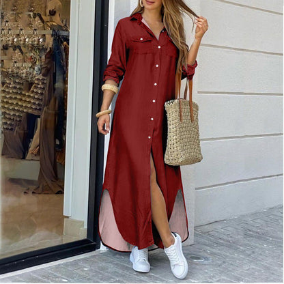 vmtvr - Casual Long Shirt Dress Autumn Women Long Sleeve Maxi Dresses Laides Turn-down Collar Office Dresses Loose Sundress Robe Longue