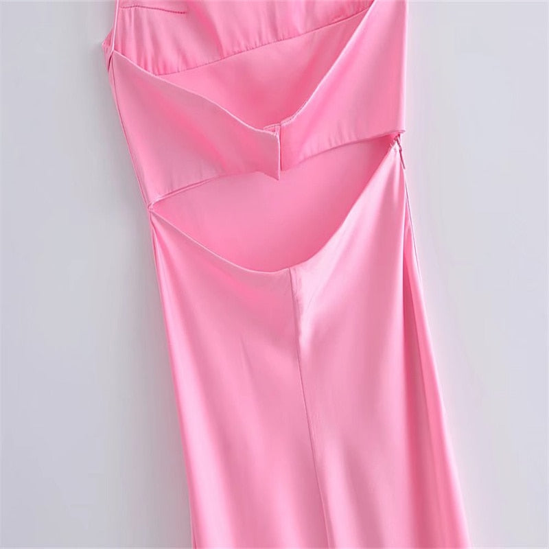 vmtvr -  New Women Hollow Design Silk Satin Texture Midi Suspender Dress Summer Sexy Revealing Back Slit Slim Pink Dress