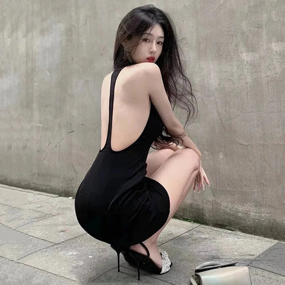 vmtvr Women Backless Bodycon Dress Korean Summer Solid Black Fashion Casual All Match Sexy Slim Fit Hanging Neck Female New Dresses