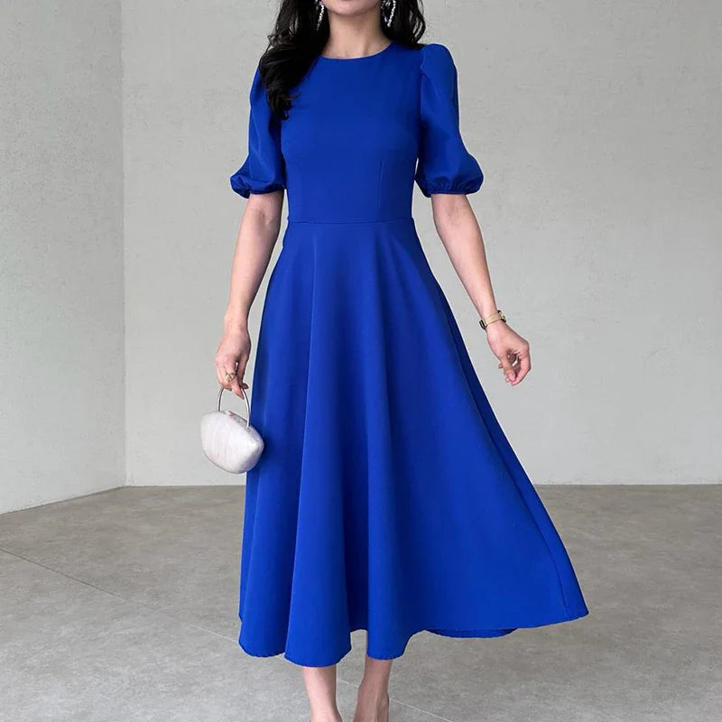 vmtvr Elegant O Neck A-Line Office Ladies Dress New Spring Solid Back Zipper Boho Long Dress Women Puff Short Sleeve Summer Maxi Dress