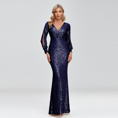 New Women Elegant V-neck Mermaid Evening Dress Floor Length Formal Prom Party Gown Sequins Long Sleeve Galadress Vestidos