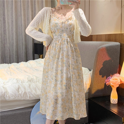 - French Floral Strap Midi Dress Women Vintage Elegant 2 Piece Dress Set Fashion Suits Casual Blouse Korean Clothing  Summer