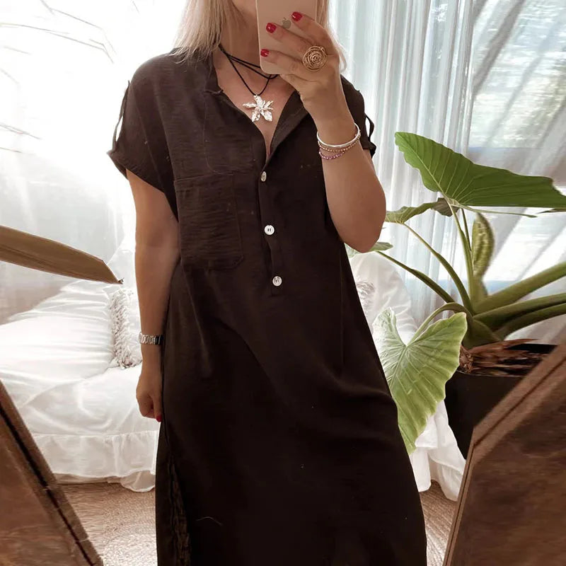 vmtvr  -  Elegant Lapel Split Thin Shirt Dress Women Fashion Button Solid Loose Party Dress Casual Short Sleeve Cotton Linen Long Dresses