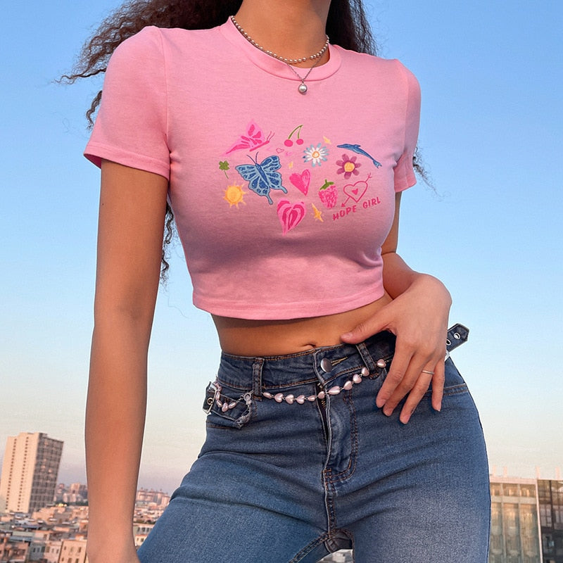 -Fall Outfits  Y2K Baby Summer Skinny Women Graphic T Shirts Navel Trend Print Stretchy Short Sleeve Kawaii Crop Top Streetwear Tees Aesthetic