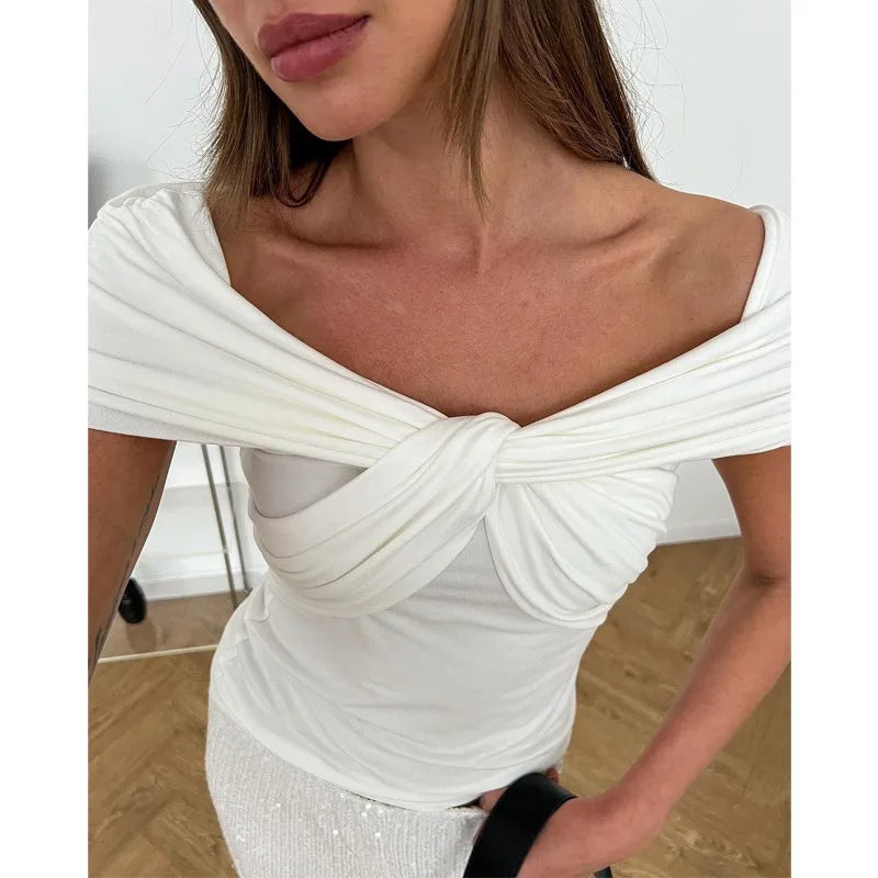 vmtvr Original Design V-neck Off Shoulder T-shirt Spring And Summer Women's Street Trendy Ruffled One Shoulder Short Sleeved T-shirt