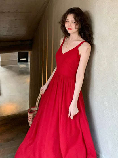 vmtvr French Vintage V-neck Summer Women Dress Casual Spaghetti Strap Female Evening Party Outfits Fashion Solid A-line Fiesta Robe