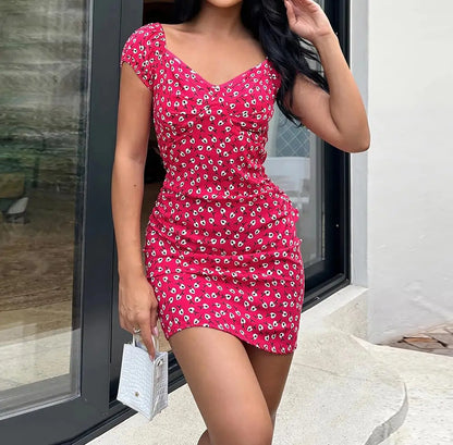 Woman Summer Elegant Slim Fit Short V-Neck Floral Mini Dress Fashion Lady Sexy Robes New Style Versatile Casual Printed Dress