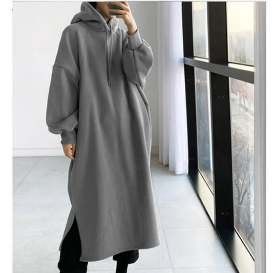 vmtvr Thicken Autumn Winter Women Oversized Hoodie Long Dress Solid Fashion Long Sleeve Female Clothing Split Casual Loose New Dresses