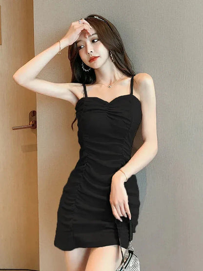 vmtvr Simple Knit Women Sexy Strap Dress Korean Fashion Wrinkle Solid Color Slim Mini Dress Summer Sweet Sleeveless Female Dress