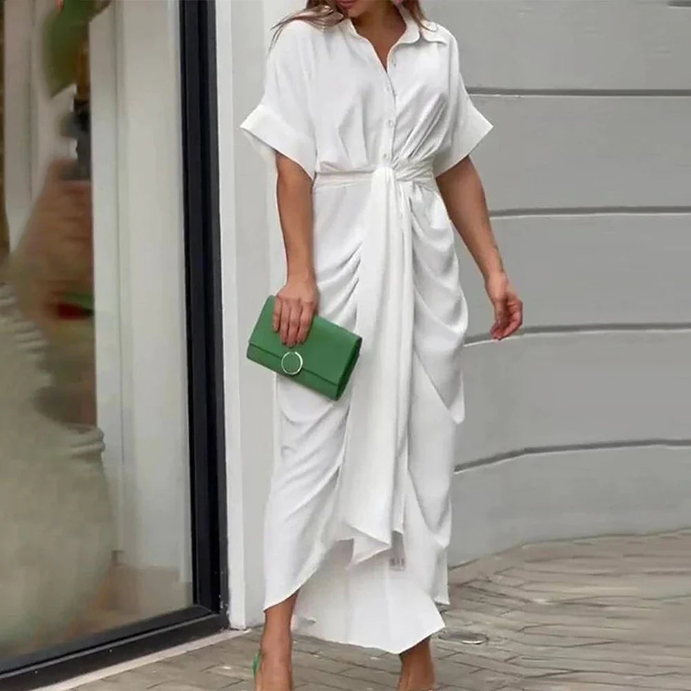 vmtvr High Waisted Lady Shirt Dress for Women Clothing 2024 Summer Classic Casual Slim Short Sleeve Women Dress Female Solid Long Skir