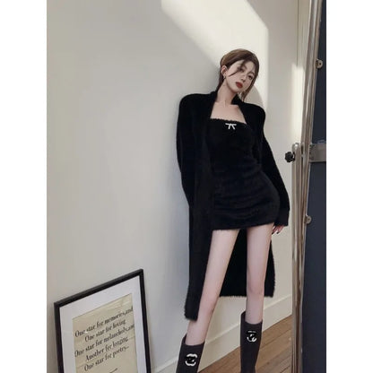 vmtvr  -  Two-piece Suit Dress Skirt Sets Women Autumn Winter Mink Cardigan Mini Dress Y2k Sexy Slim White Black Suit Streetwear Sweater