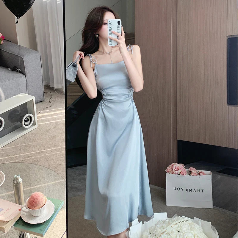 vmtvr  -  Summer Sexy Women Spaghetti Strap Elegant Midi Satin Dresses Wedding Evening Birthday Holiday Backless Prom Clothes New in Dress