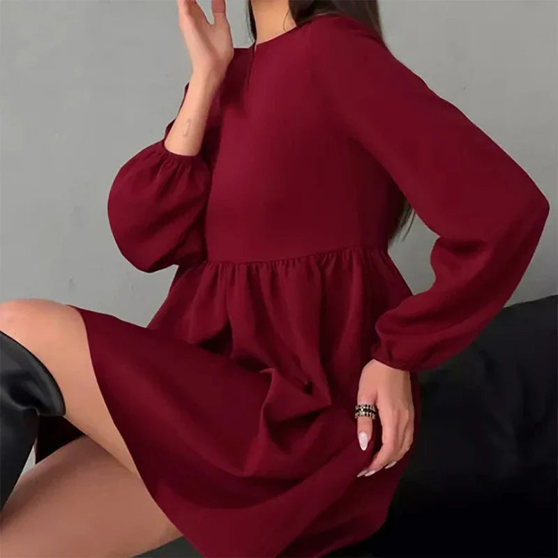 vmtvr Elegant O-neck Long Sleeve Waist Party Dress 2024 Spring Summer Casual Loose Mini Dress Women Fashion Pleated Solid A-Line Dress