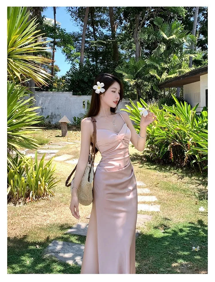 vmtvr  -  Summer Sexy Backless Satin Straps Midi Dresses for Women Elegant Party Sleeveless Female Clothing Beach Holiday Pink New