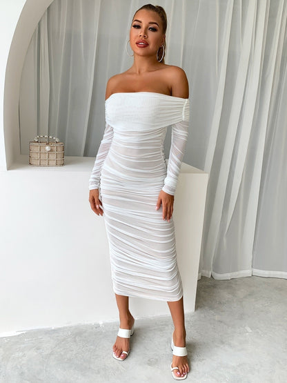 vmtvr - off shoulder ruched mesh bodycon dress