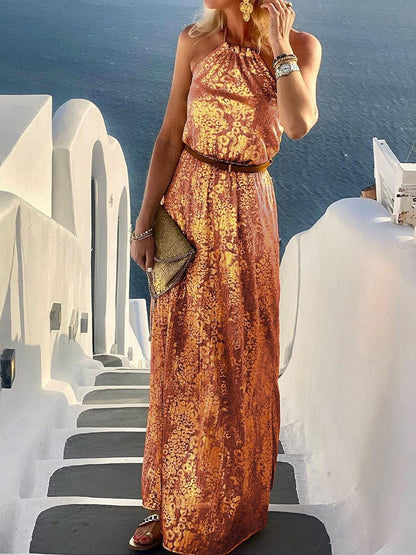 Spring Summer Neck-Mounted Maxi Dress Chic Lady Sleeveless Patchwork Print Dress Women Backless Halter Party Beach Dress Vestido