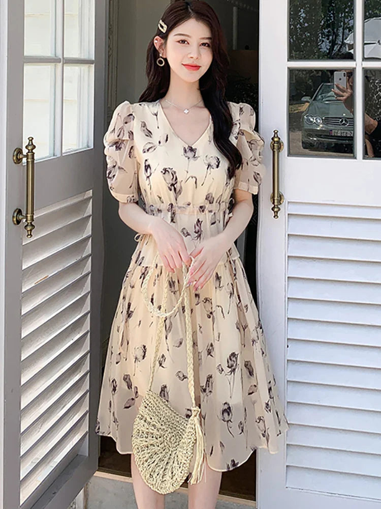 vmtvr 2024 New Green Floral Chiffon Puff Sleeve Midi Dress Summer Boho Elegant Bodycon Dress Women Korean Vintage Cheap Casual Dresses