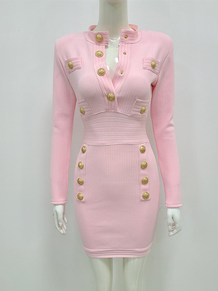 New Winter Style Sexy Long Sleeve Key Hole Button Pink Mini Women Bodycon Bandage Dress 2023 Elegant Evening Club Party Dress