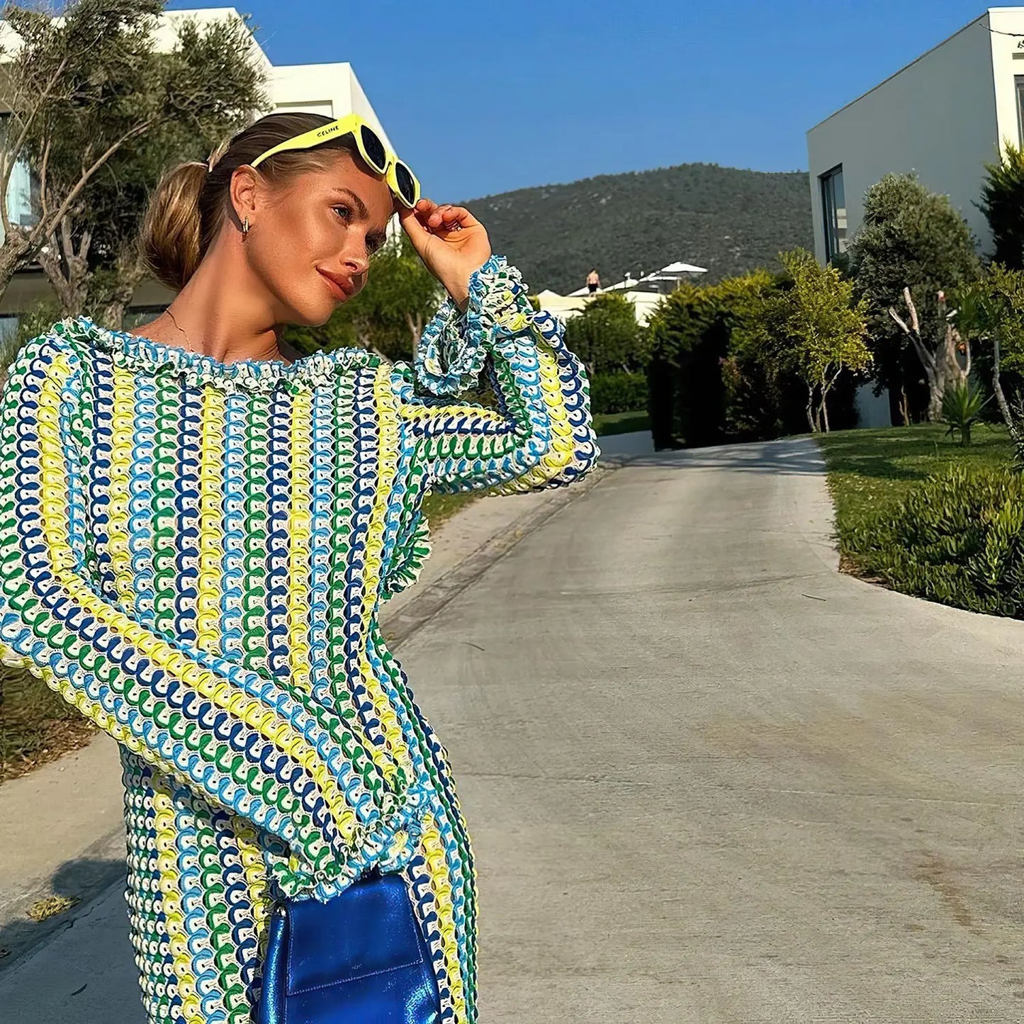 vmtvr  -  Backless Knitted Beach Dress Women Fashion Hollow Out Slim Boho Dress Summer Elegant Colorful Long Sleeve Bikini Cover Up