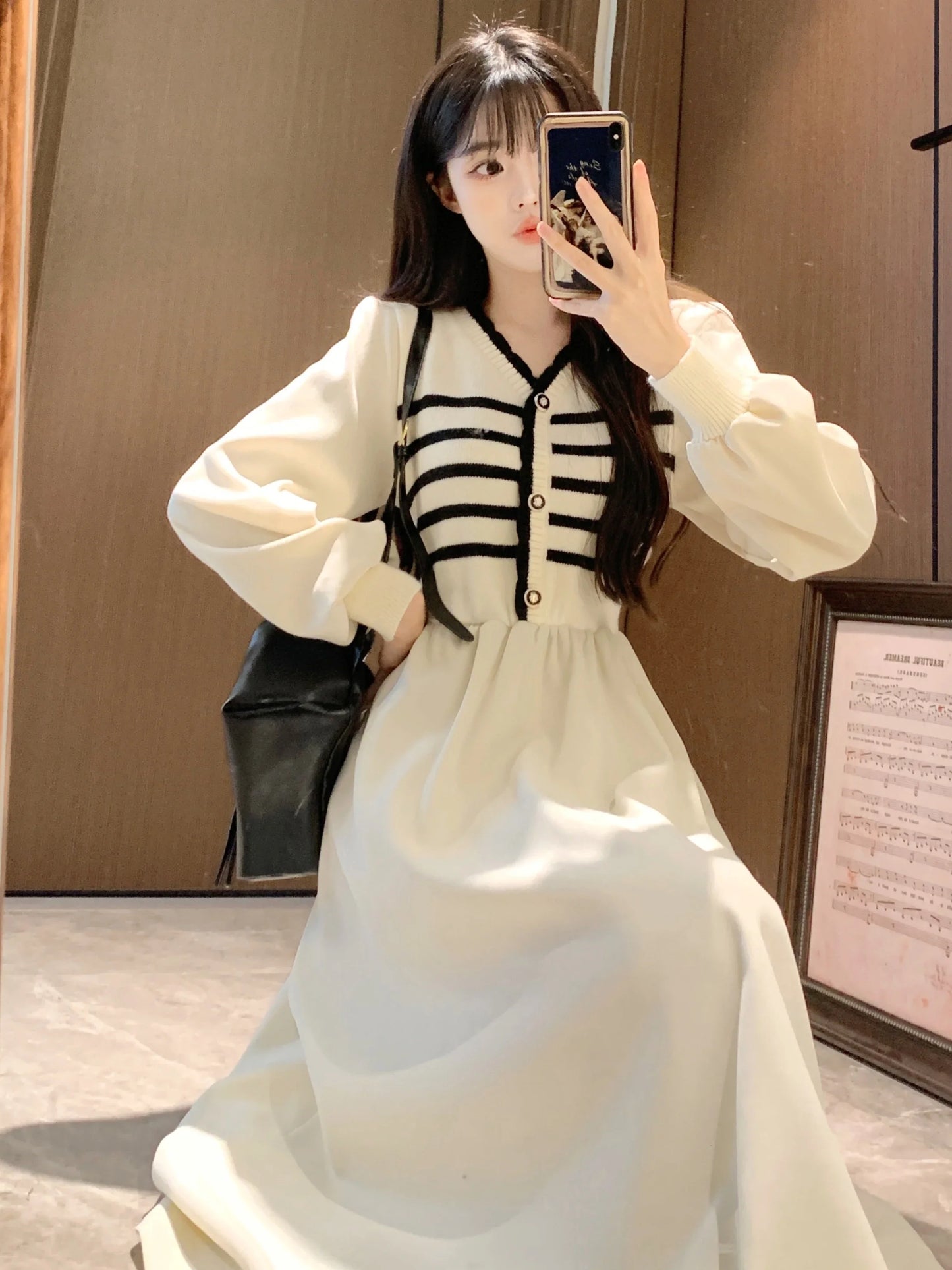 vmtvr  -  Autumn and Winter Korean New Version of the Fashion V-neck Large Size Midi Fake Two-piece Knitted Splicing Loose Skinny Dresses