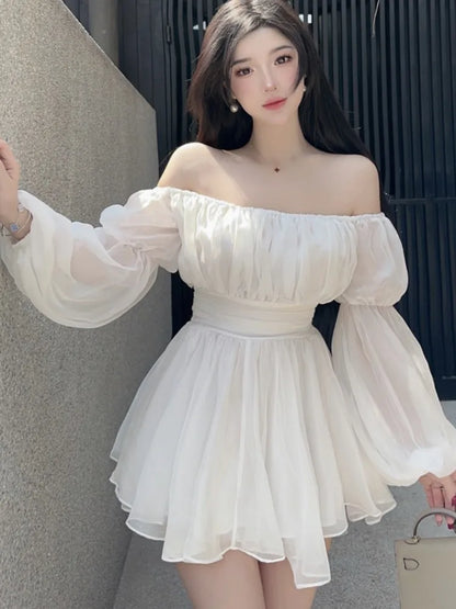 vmtvr Y2K Princess Party Mini Dress Women Summer New Off Shoulder Lantern Sleeves New High Waist A-line Slm Short Vestidos Mujer