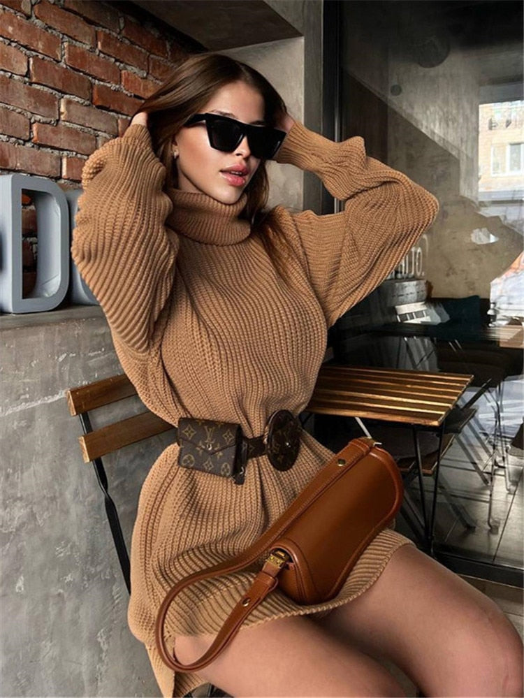 Sweater Dress Outfit Oversize Sweater Dress for Women Long Sleeve Casual Turtleneck Knitted Dress Autumn Blue Thicken Mini Christmas Party Dress