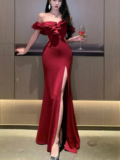 vmtvr Sexy Bodycon Long Dresses for Women Wedding Evening Party Prom Robe Ruffles Slash Neck High Split Hollow Out Summer New Vestido