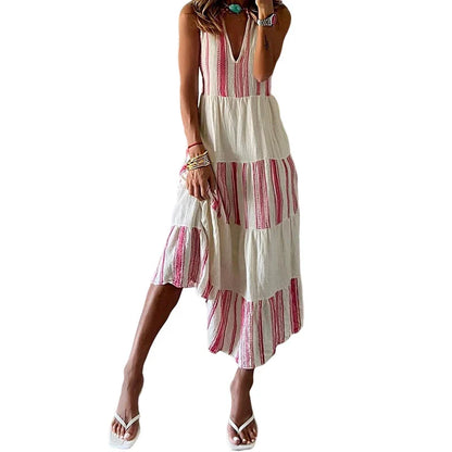 Shdowlass  -  Summer Elegant Sleeveless Pleated Long Dress Women Fashion Striped Print Tank Dress Sexy Deep V-neck Loose Bohemian Party Dress