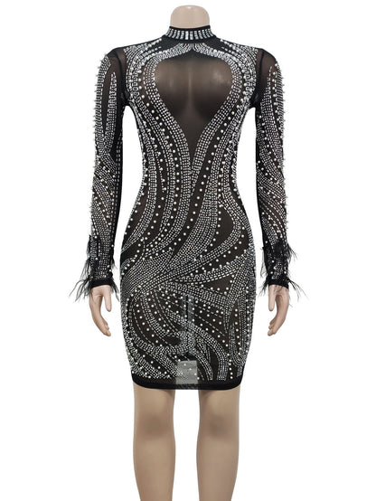 vmtvr Woman Fashion Sexy Mesh See-through Long Sleeve Feathers Rhinestones Bodycon Party Dresses  Package Hip Mini Nightclub Dress